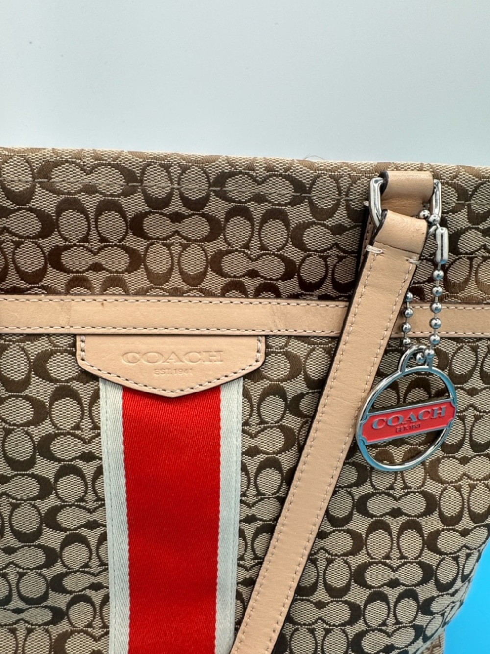 Coach Signature Canvas Tote with Red Stripe and Tan Leather Trim - Picture 2 of 7